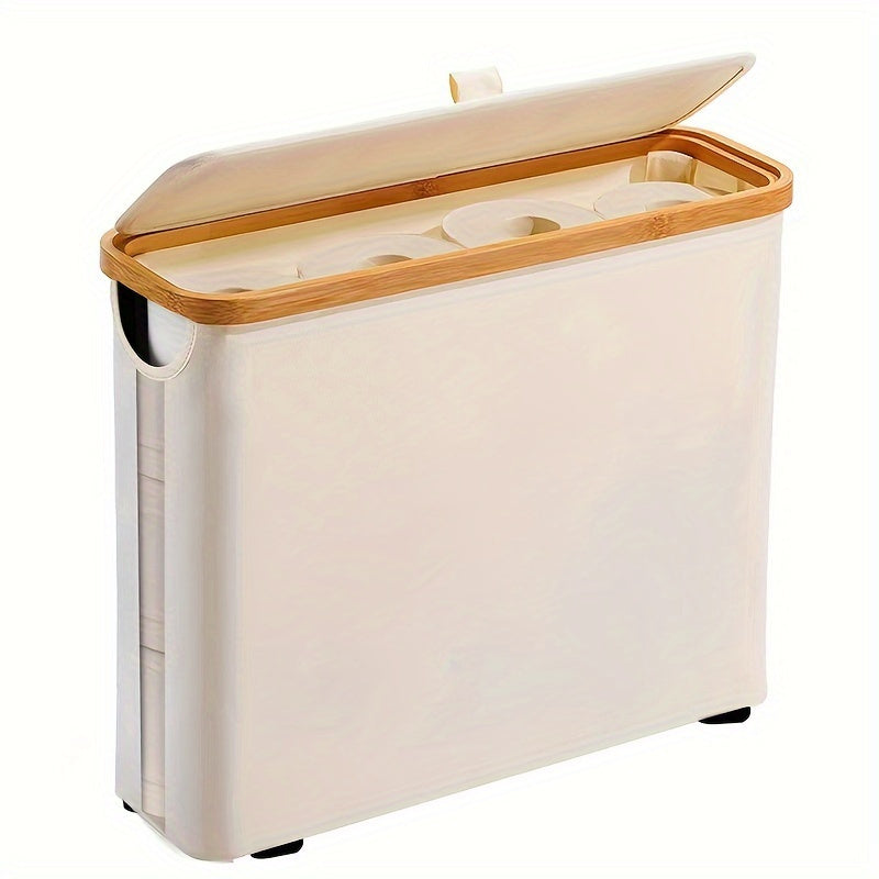 Modern rectangular bathroom storage basket with lid, perfect for towels and accessories. Features slim roll dispenser for up to 12 mega rolls, independent stand design, and includes laundry baskets.