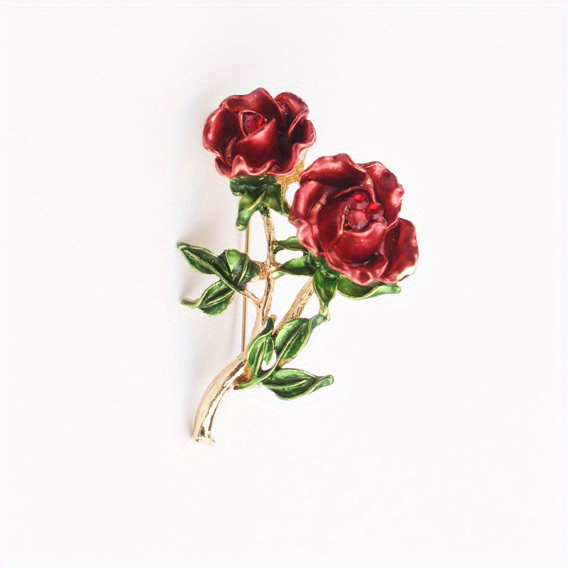 Chic Retro Rose Brooch adorned with Glittering Rhinestones and Enamel Coating - One-of-a-Kind Style Statement Accessory