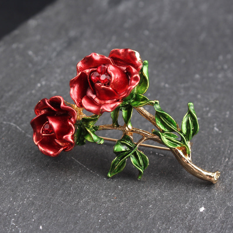 Chic Retro Rose Brooch adorned with Glittering Rhinestones and Enamel Coating - One-of-a-Kind Style Statement Accessory