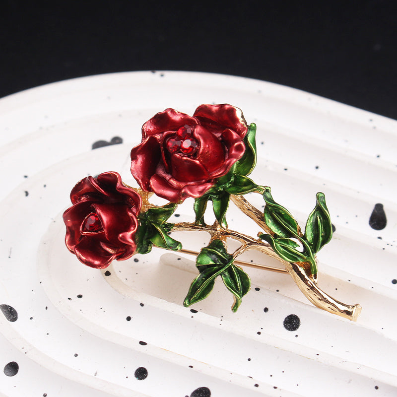 Chic Retro Rose Brooch adorned with Glittering Rhinestones and Enamel Coating - One-of-a-Kind Style Statement Accessory