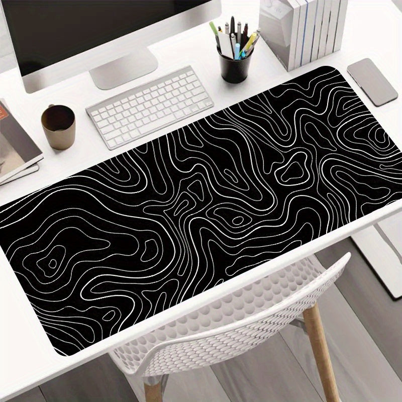 Large Black Topographic map mouse pad with non-slip base and waterproof design for gaming and office use.