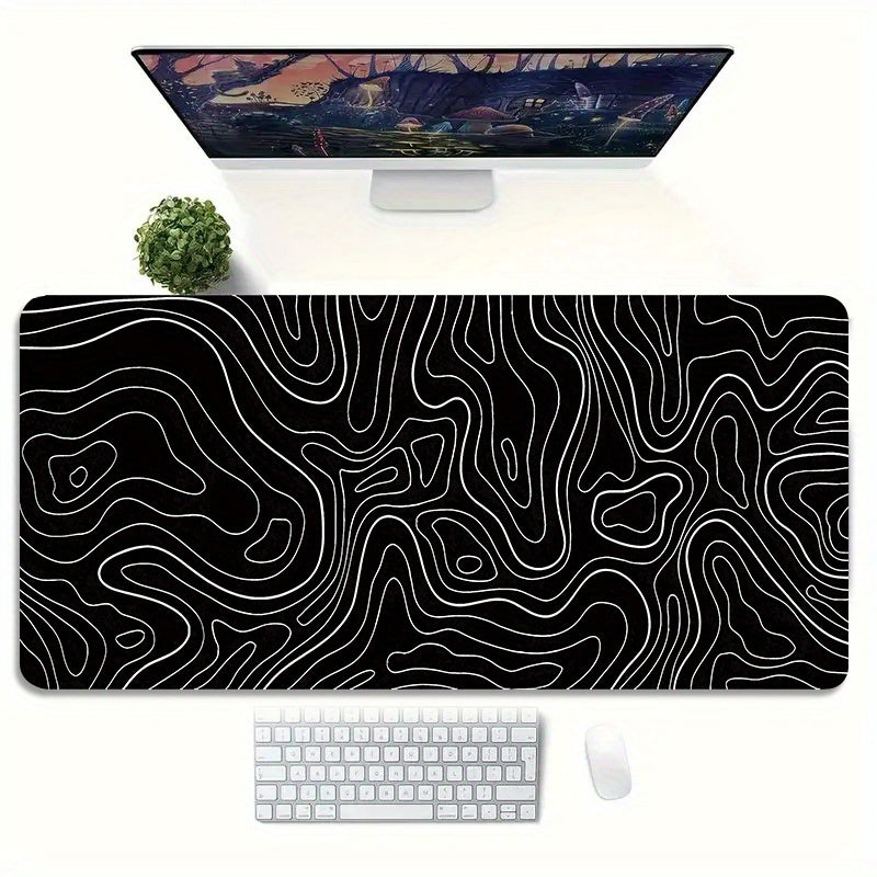 Large Black Topographic map mouse pad with non-slip base and waterproof design for gaming and office use.