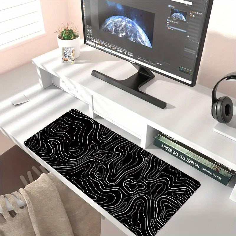 Large Black Topographic map mouse pad with non-slip base and waterproof design for gaming and office use.