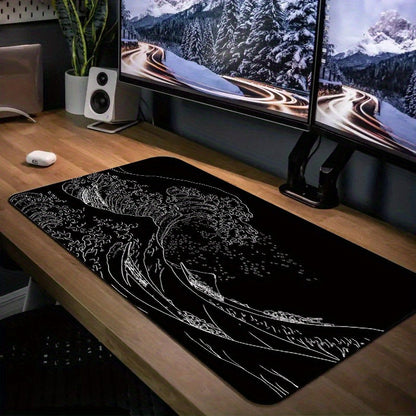 Japan Black Sea Wave Design Large Gaming Mouse Pad with Non-Slip Rubber Base for Keyboard and Mouse, ideal for Office Desk.