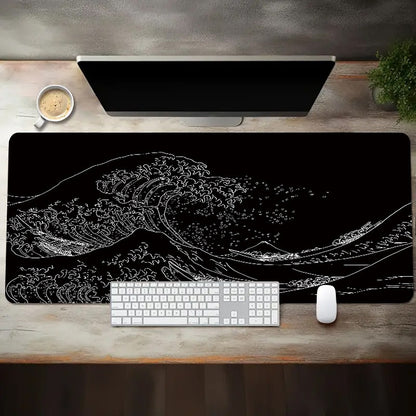 Japan Black Sea Wave Design Large Gaming Mouse Pad with Non-Slip Rubber Base for Keyboard and Mouse, ideal for Office Desk.