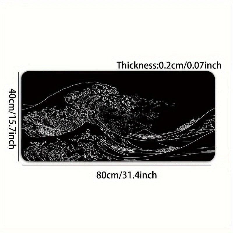 Japan Black Sea Wave Design Large Gaming Mouse Pad with Non-Slip Rubber Base for Keyboard and Mouse, ideal for Office Desk.