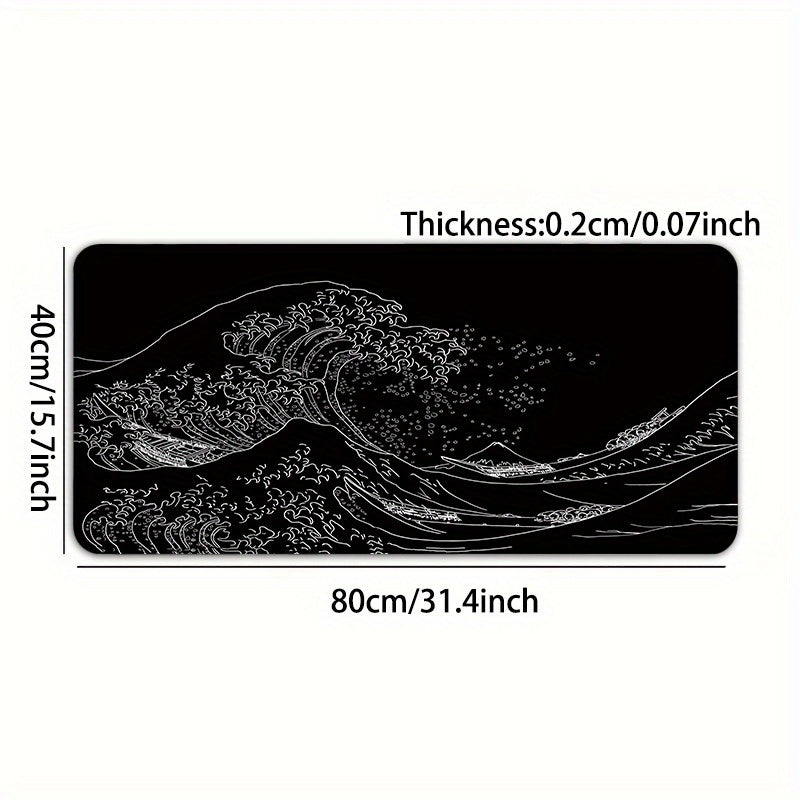 Japan Black Sea Wave Design Large Gaming Mouse Pad with Non-Slip Rubber Base for Keyboard and Mouse, ideal for Office Desk.