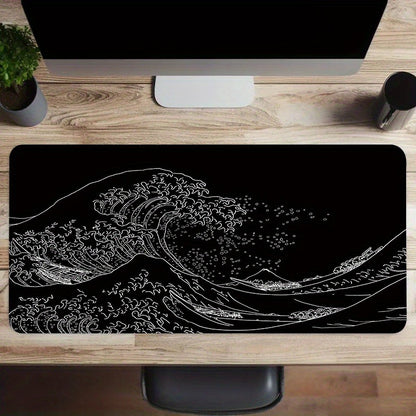 Japan Black Sea Wave Design Large Gaming Mouse Pad with Non-Slip Rubber Base for Keyboard and Mouse, ideal for Office Desk.