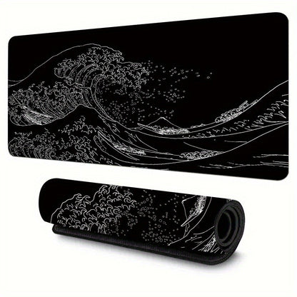 Japan Black Sea Wave Design Large Gaming Mouse Pad with Non-Slip Rubber Base for Keyboard and Mouse, ideal for Office Desk.