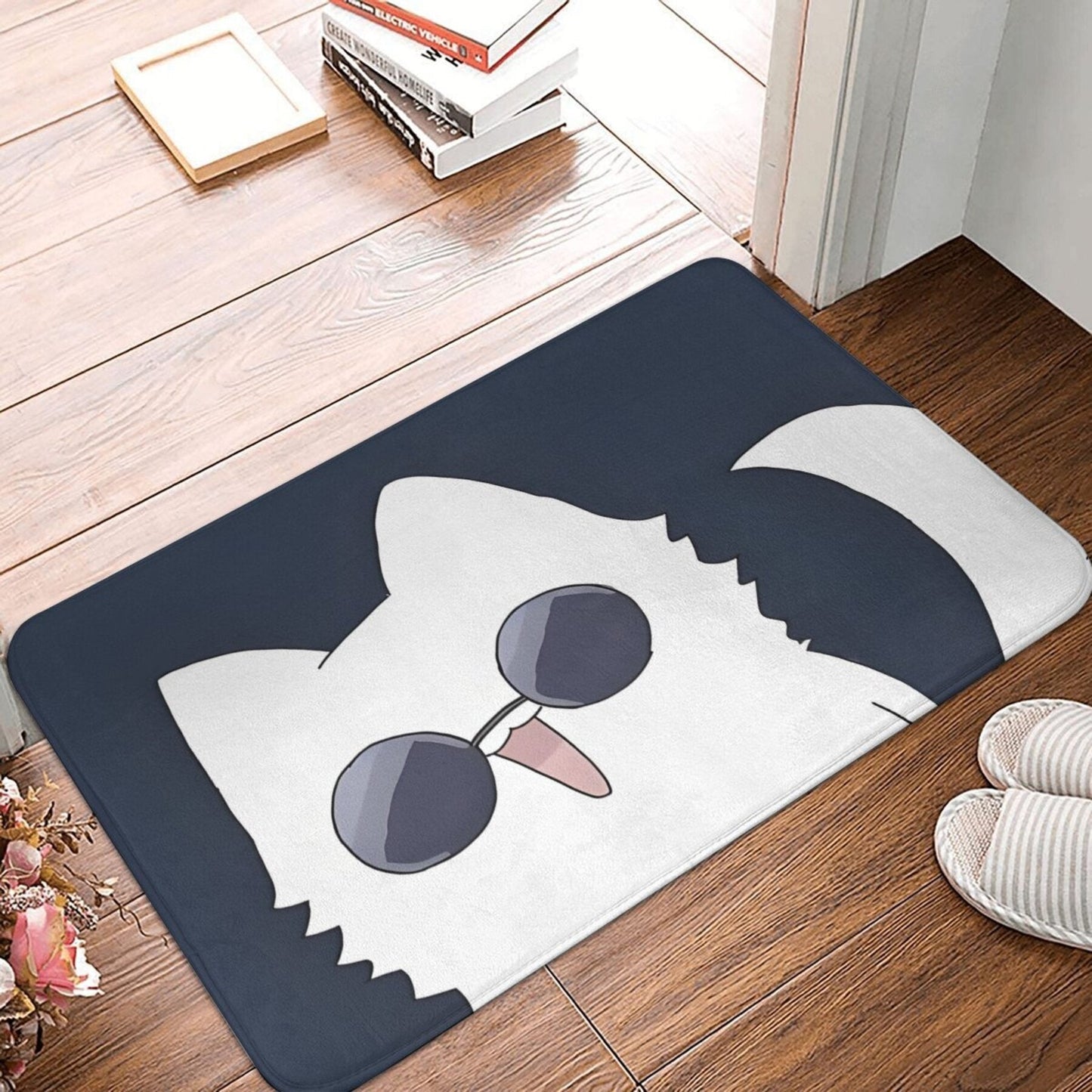 Rectangle Gojo Cat Cartoon Design Non-Slip Polyester Doormat - Lightweight Kitchen Mat, Machine Washable Hallway Entrance Door Rug, Bedroom Decorative Carpet with Anti-Skid Backing