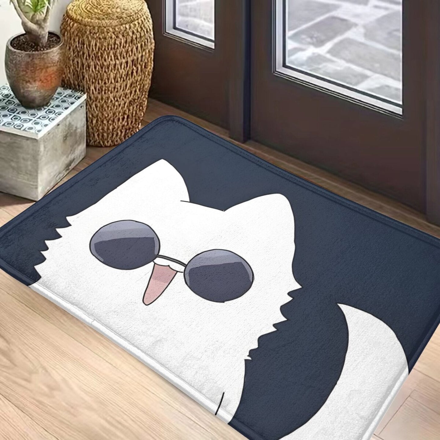 Rectangle Gojo Cat Cartoon Design Non-Slip Polyester Doormat - Lightweight Kitchen Mat, Machine Washable Hallway Entrance Door Rug, Bedroom Decorative Carpet with Anti-Skid Backing