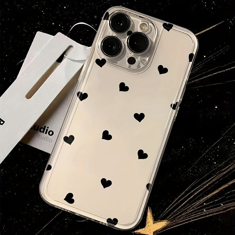 1pc Black Small Love Trend Pattern All-Inclusive Transparent TPU Phone Case for various iPhone models.