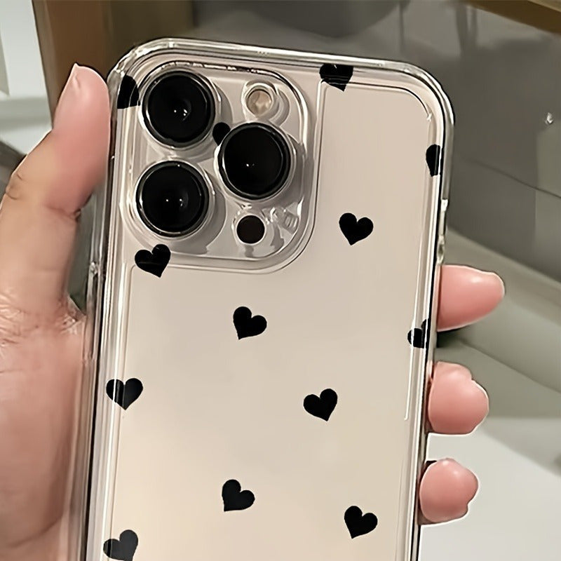 1pc Black Small Love Trend Pattern All-Inclusive Transparent TPU Phone Case for various iPhone models.