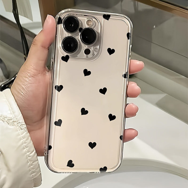 1pc Black Small Love Trend Pattern All-Inclusive Transparent TPU Phone Case for various iPhone models.