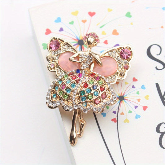 Stylish Ballerina Brooch with Rhinestones and Enamel Design - Unique Fashion Accessory featuring High Heel Shoes and Colorful Skirt, perfect for a Chic Collar or Corsage