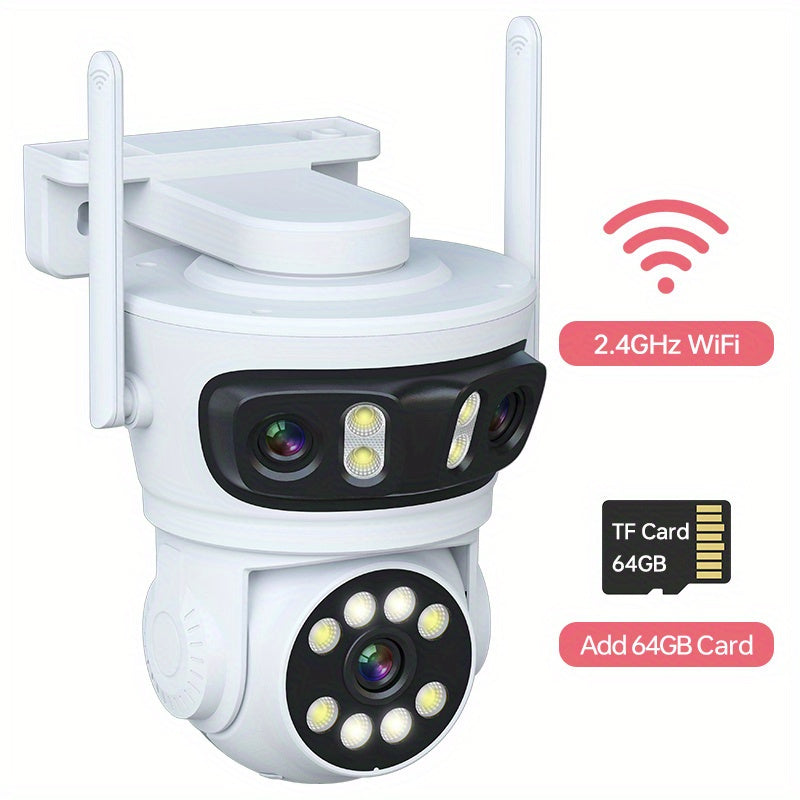 Outdoor triple lens security camera with 360 view, human detection, auto tracking, color night vision, two-way talk, and alarm push notifications. Ideal for monitoring youngsters, elderly