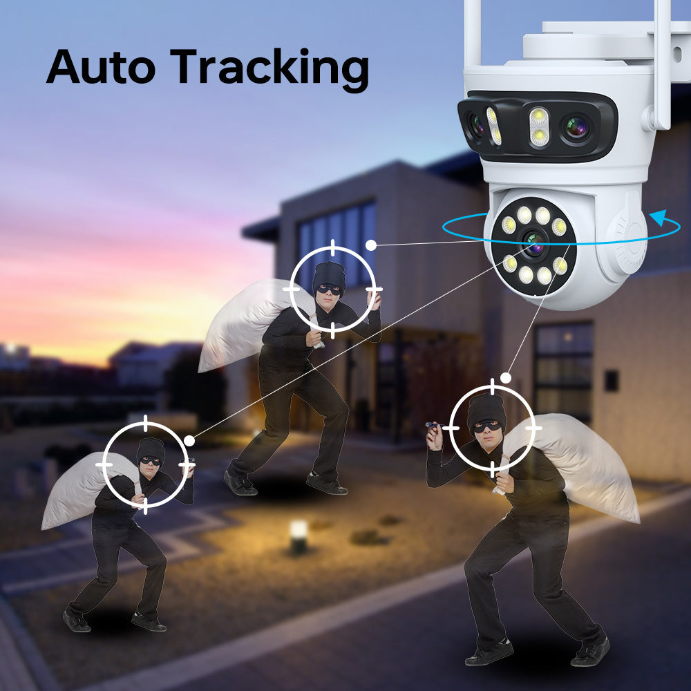 Outdoor triple lens security camera with 360 view, human detection, auto tracking, color night vision, two-way talk, and alarm push notifications. Ideal for monitoring youngsters, elderly