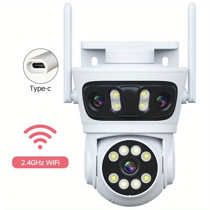 Outdoor triple lens security camera with 360 view, human detection, auto tracking, color night vision, two-way talk, and alarm push notifications. Ideal for monitoring youngsters, elderly