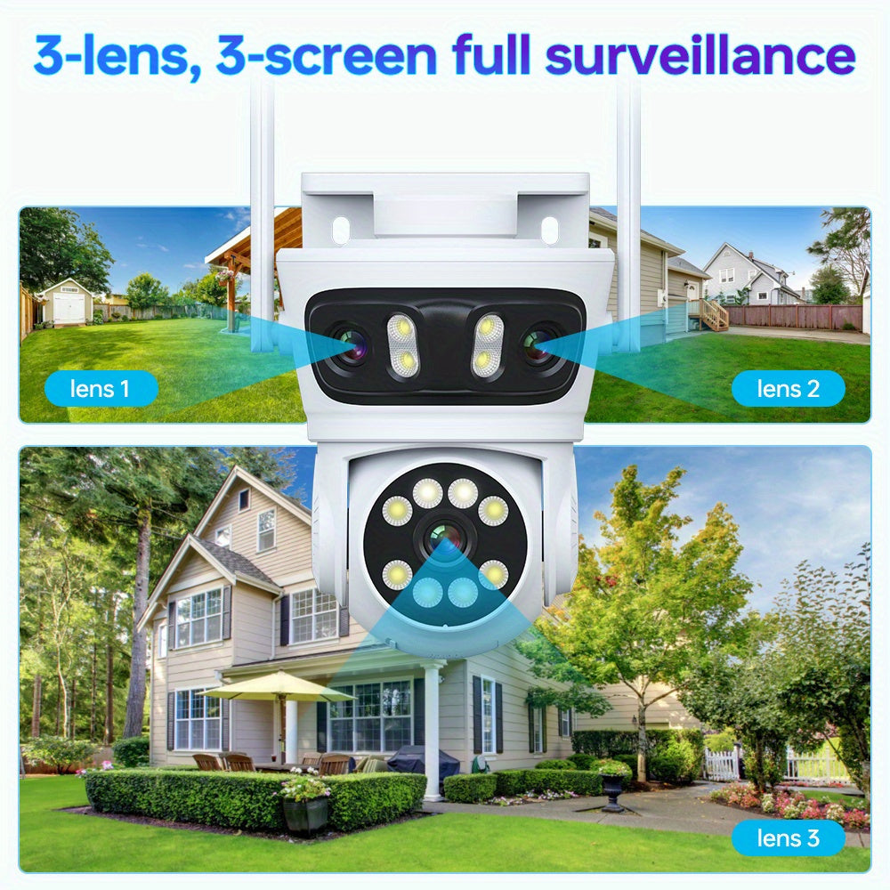 Outdoor triple lens security camera with 360 view, human detection, auto tracking, color night vision, two-way talk, and alarm push notifications. Ideal for monitoring youngsters, elderly