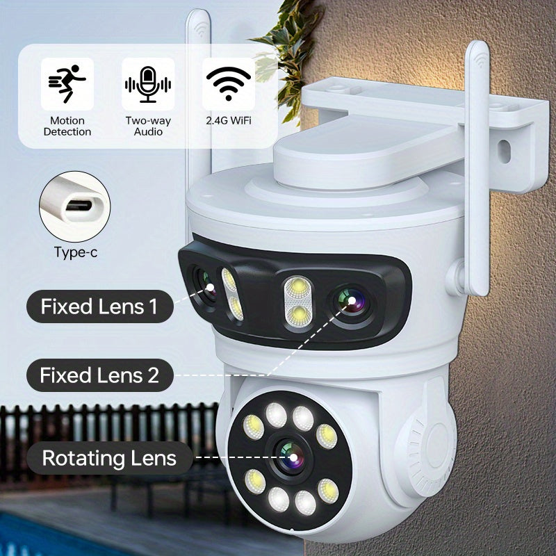 Outdoor triple lens security camera with 360 view, human detection, auto tracking, color night vision, two-way talk, and alarm push notifications. Ideal for monitoring youngsters, elderly