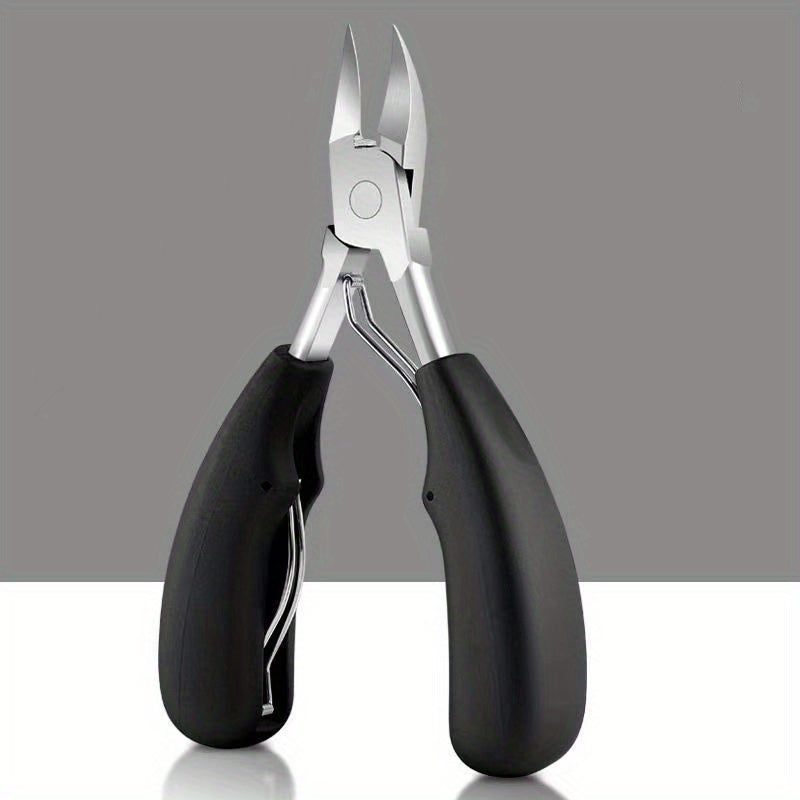 Professional stainless steel toenail clippers with sharp curved blades, comfortable black handles, and nail file for grooming and ingrown nail treatment.