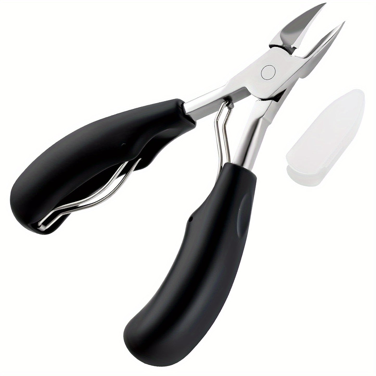 Professional stainless steel toenail clippers with sharp curved blades, comfortable black handles, and nail file for grooming and ingrown nail treatment.