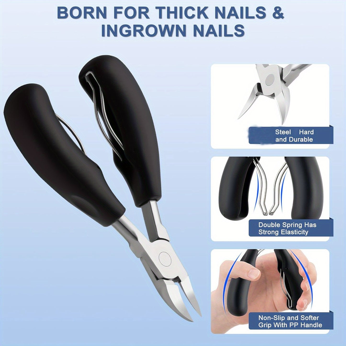 Professional stainless steel toenail clippers with sharp curved blades, comfortable black handles, and nail file for grooming and ingrown nail treatment.