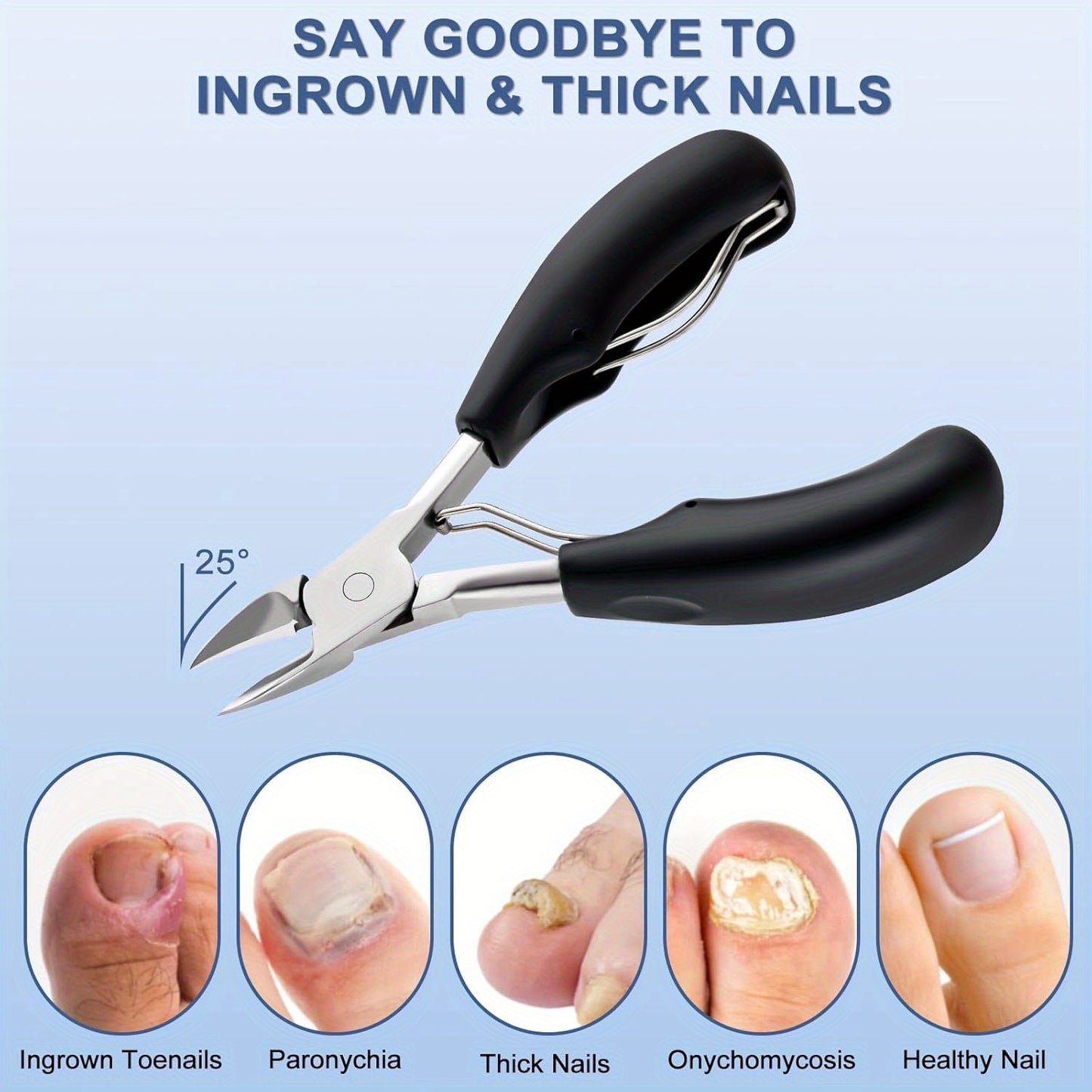 Professional stainless steel toenail clippers with sharp curved blades, comfortable black handles, and nail file for grooming and ingrown nail treatment.