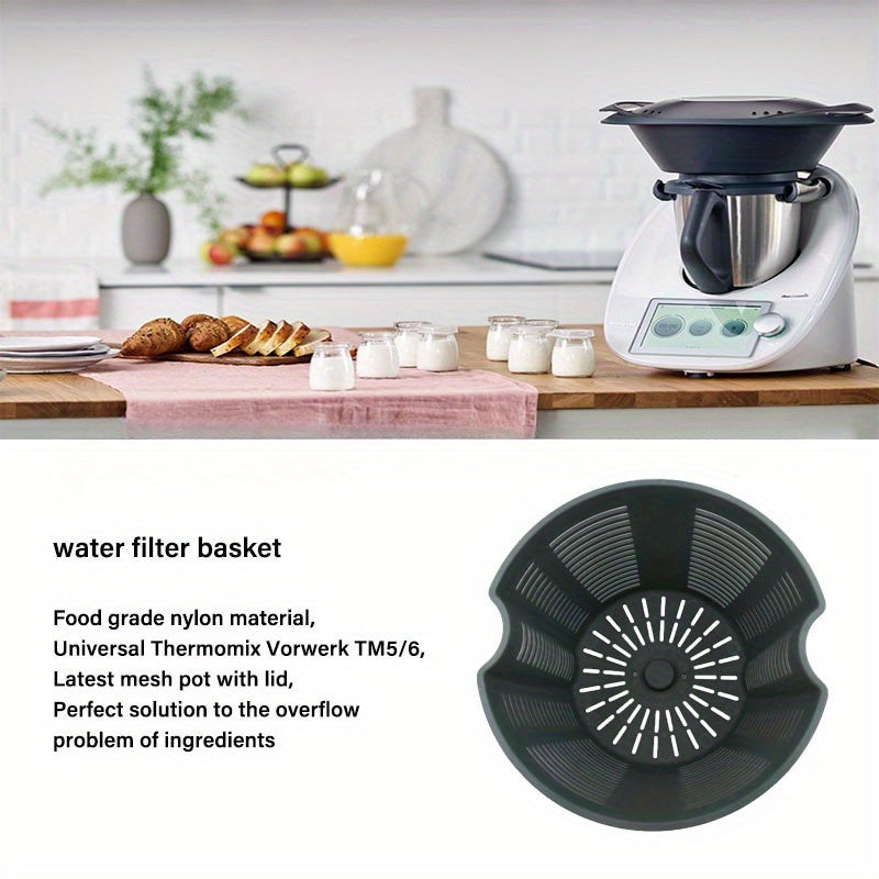 Water filter basket for Thermomix TM5/TM6, made of food-grade nylon material with a lid. Features an overflow prevention mesh pot for enhanced cooking and food preparation.