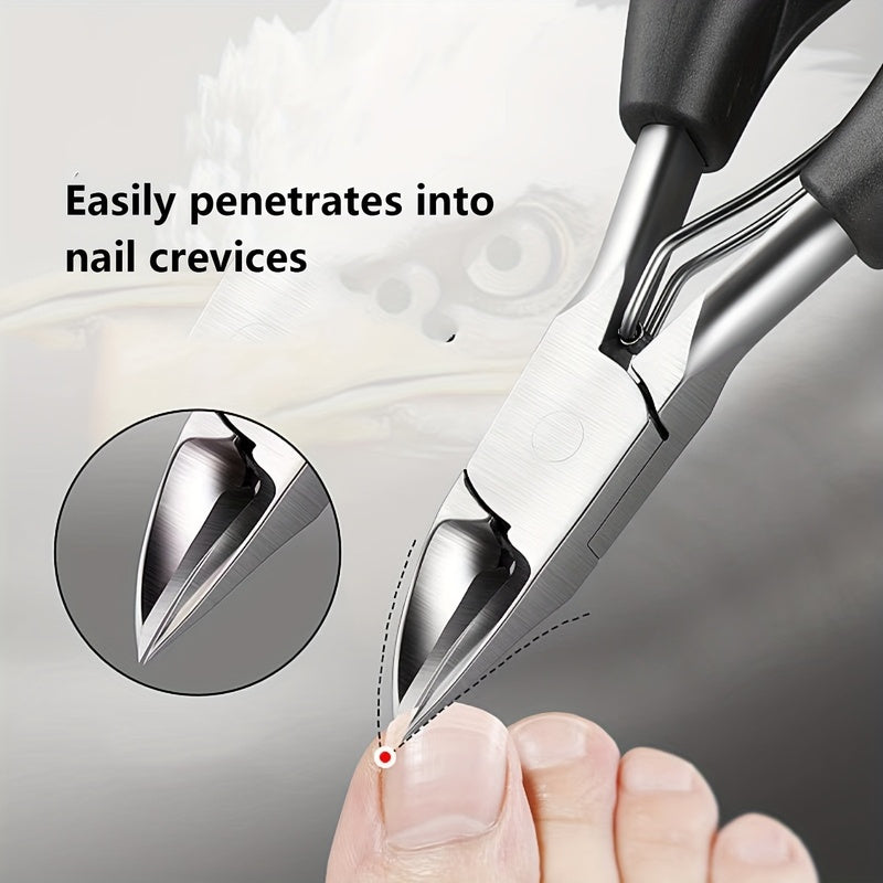 Professional stainless steel toenail clippers with sharp curved blades, comfortable black handles, and nail file for grooming and ingrown nail treatment.