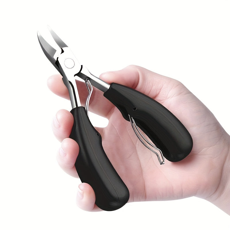 Professional stainless steel toenail clippers with sharp curved blades, comfortable black handles, and nail file for grooming and ingrown nail treatment.