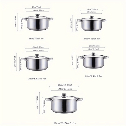 Set of 5 Stainless Steel Cookware - Strong Kitchen Pots with Covers, Shiny Interior, Securely Attached Handles & Heat-Proof Knobs