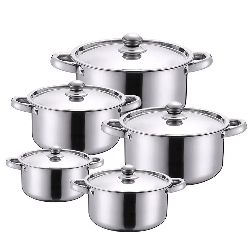 Set of 5 Stainless Steel Cookware - Strong Kitchen Pots with Covers, Shiny Interior, Securely Attached Handles & Heat-Proof Knobs