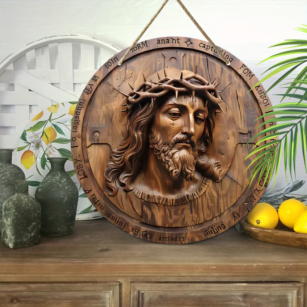 Wooden Jesus Christ Wall Hanging Sign - Deep Brown Religious Art for Christmas, Garden, Porch, and Home Decor - Round Wooden Plaque measuring 19.99 cm - $19.99