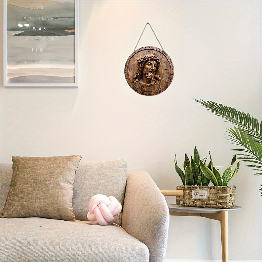 Wooden Jesus Christ Wall Hanging Sign - Deep Brown Religious Art for Christmas, Garden, Porch, and Home Decor - Round Wooden Plaque measuring 19.99 cm - $19.99