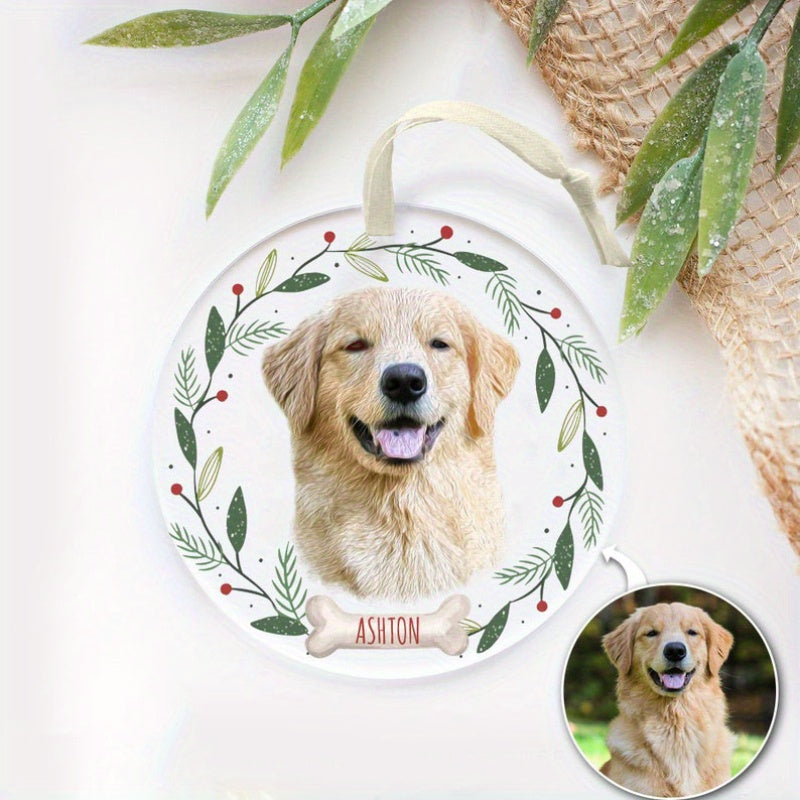 Customize your furry friend with a Personalized Dog Ornament. This Custom Pet Christmas Ornament features your pet's photo, making it a memorable Holiday Gift for Halloween, Christmas, or any special occasion like a Birthday or Family gathering.