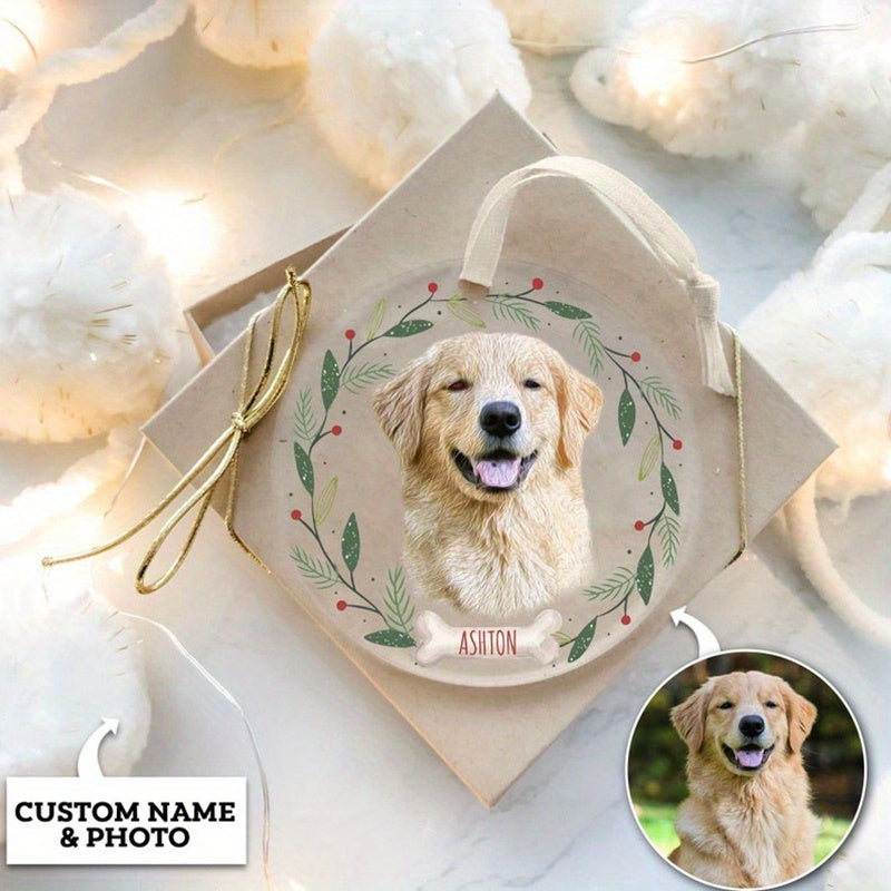 Customize your furry friend with a Personalized Dog Ornament. This Custom Pet Christmas Ornament features your pet's photo, making it a memorable Holiday Gift for Halloween, Christmas, or any special occasion like a Birthday or Family gathering.