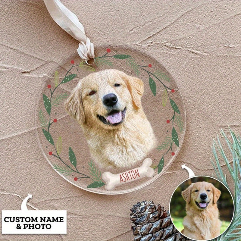 Customize your furry friend with a Personalized Dog Ornament. This Custom Pet Christmas Ornament features your pet's photo, making it a memorable Holiday Gift for Halloween, Christmas, or any special occasion like a Birthday or Family gathering.