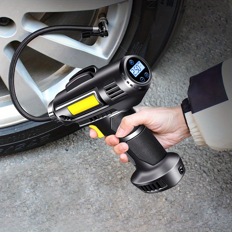 Portable DY&LM Ultra-Fast Tire Inflator with digital display, USB charging, and 18650 lithium battery for cars, motorcycles, bicycles, and sports balls. Up to 150PSI, rechargeable without