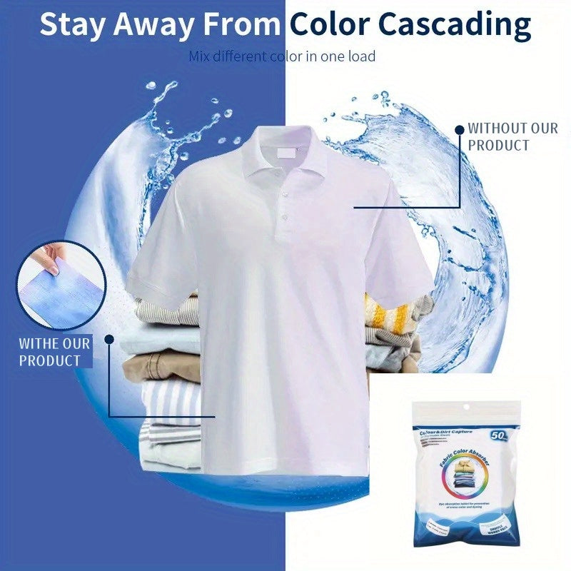 Color Catcher laundry sheets, 50-pack, non-woven fabric, prevents fading, brightens clothes, safe for mixed washes.