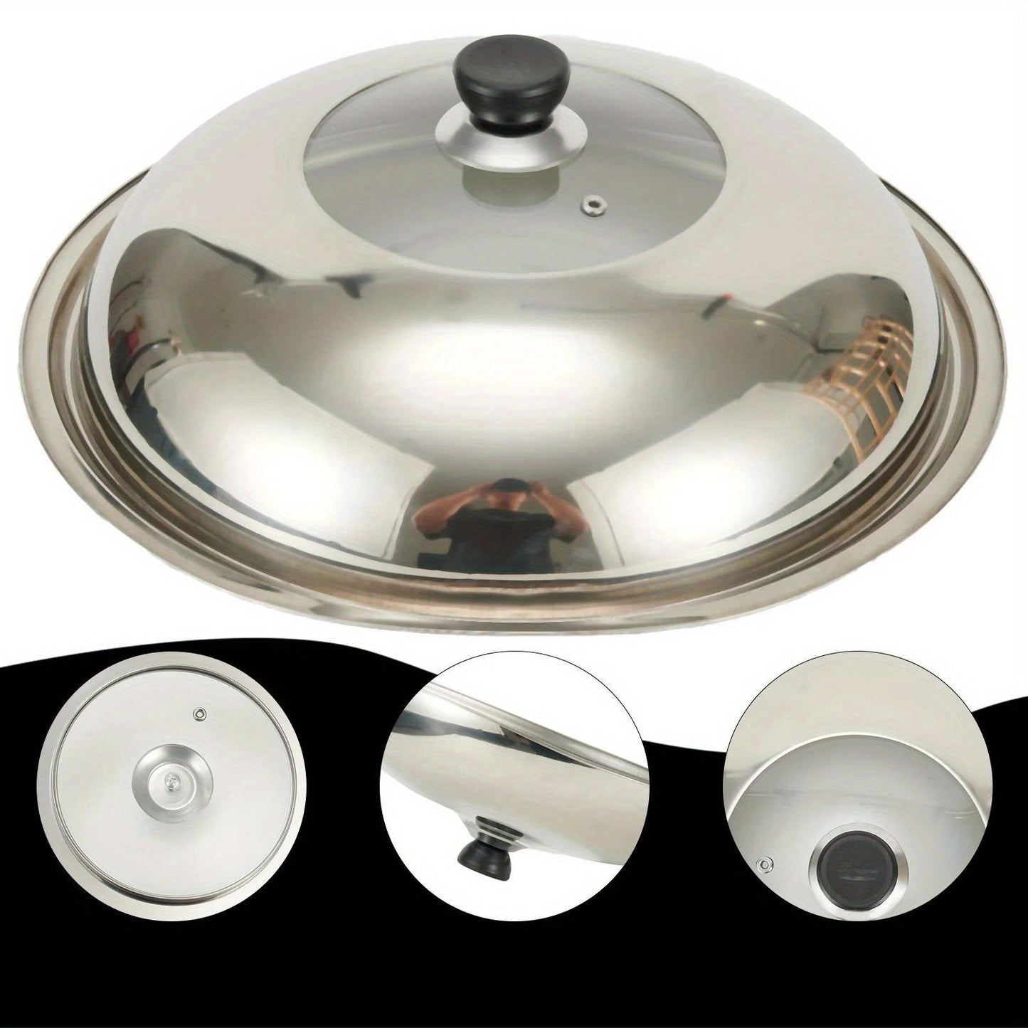 Stainless Steel Pot Lid with Glass Window - Fits Universally on Woks and Pots, Features Knob & Steam Vent, Ideal Kitchen Accessory Replacement