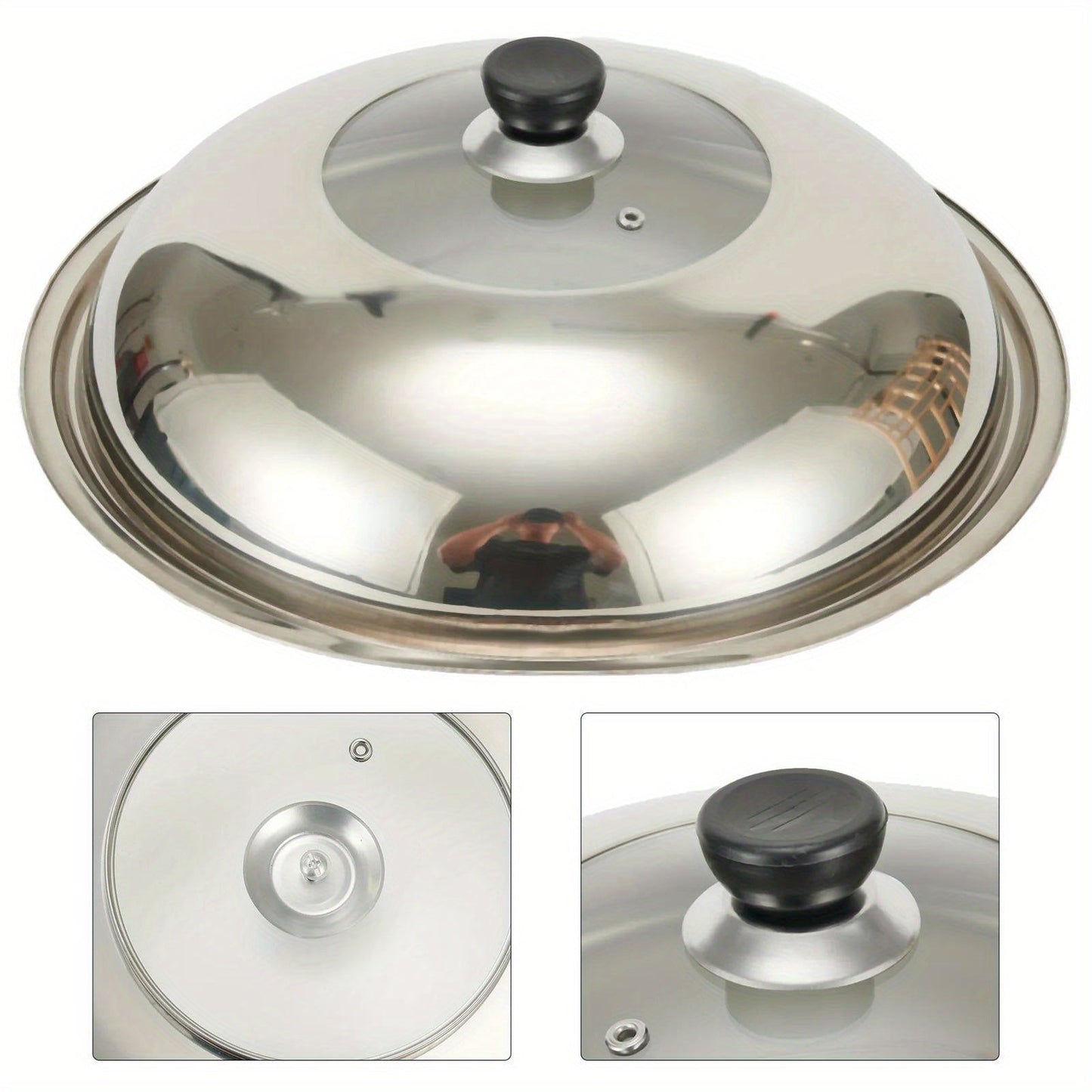 Stainless Steel Pot Lid with Glass Window - Fits Universally on Woks and Pots, Features Knob & Steam Vent, Ideal Kitchen Accessory Replacement