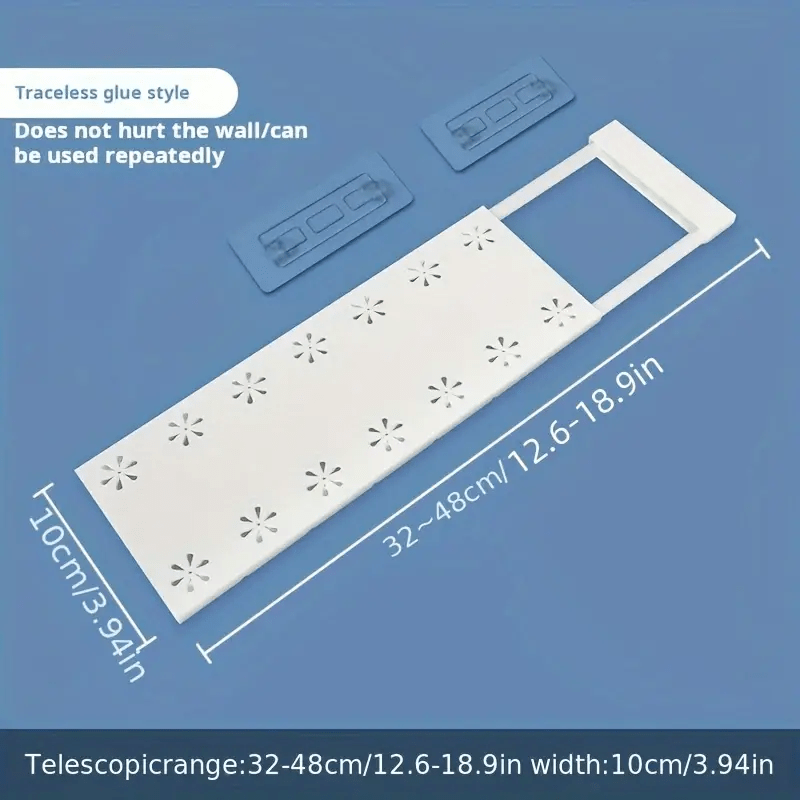 2 adjustable plastic storage shelves for kitchen, bathroom, or bedroom. Easy installation, no drilling required. Size: 3.94*12.6~18.9 inches.