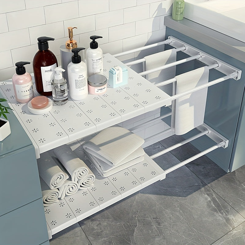 2 adjustable plastic storage shelves for kitchen, bathroom, or bedroom. Easy installation, no drilling required. Size: 3.94*12.6~18.9 inches.