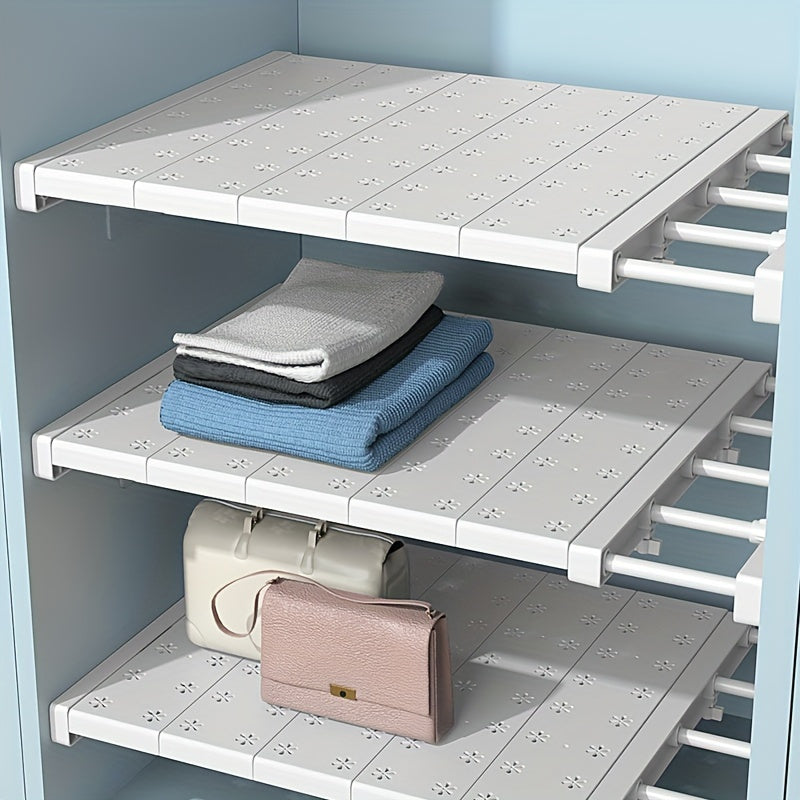 2 adjustable plastic storage shelves for kitchen, bathroom, or bedroom. Easy installation, no drilling required. Size: 3.94*12.6~18.9 inches.