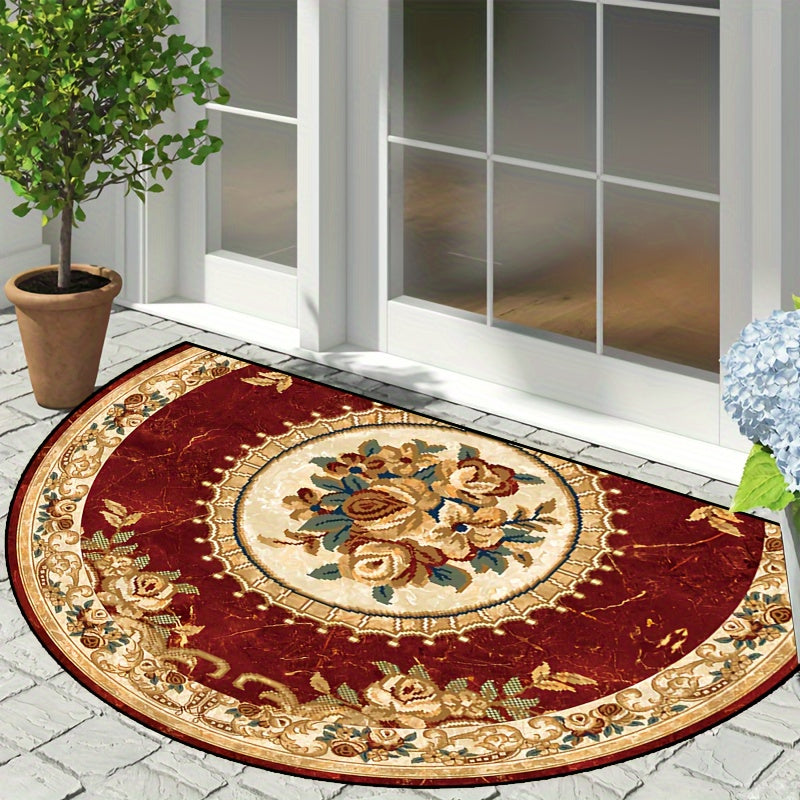 Luxurious Thick Red Floral and Yellow Border Semi-Circular Carpet with Non-Slip Backing - Perfect for Bedroom, Entrance, or Porch, Washable Indoor Use - Multipurpose Household Floor Mat