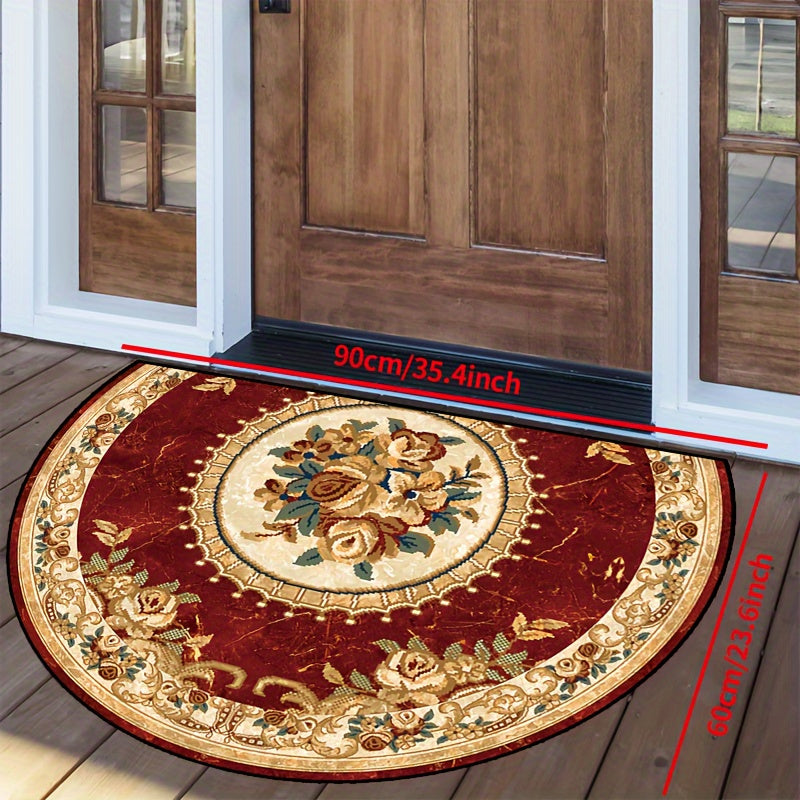 Luxurious Thick Red Floral and Yellow Border Semi-Circular Carpet with Non-Slip Backing - Perfect for Bedroom, Entrance, or Porch, Washable Indoor Use - Multipurpose Household Floor Mat