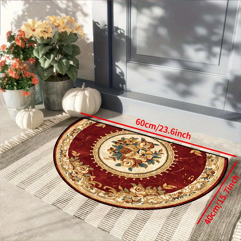 Luxurious Thick Red Floral and Yellow Border Semi-Circular Carpet with Non-Slip Backing - Perfect for Bedroom, Entrance, or Porch, Washable Indoor Use - Multipurpose Household Floor Mat