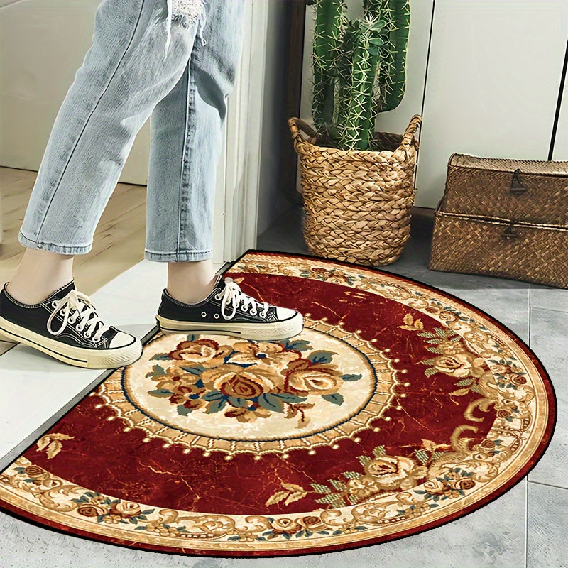 Luxurious Thick Red Floral and Yellow Border Semi-Circular Carpet with Non-Slip Backing - Perfect for Bedroom, Entrance, or Porch, Washable Indoor Use - Multipurpose Household Floor Mat