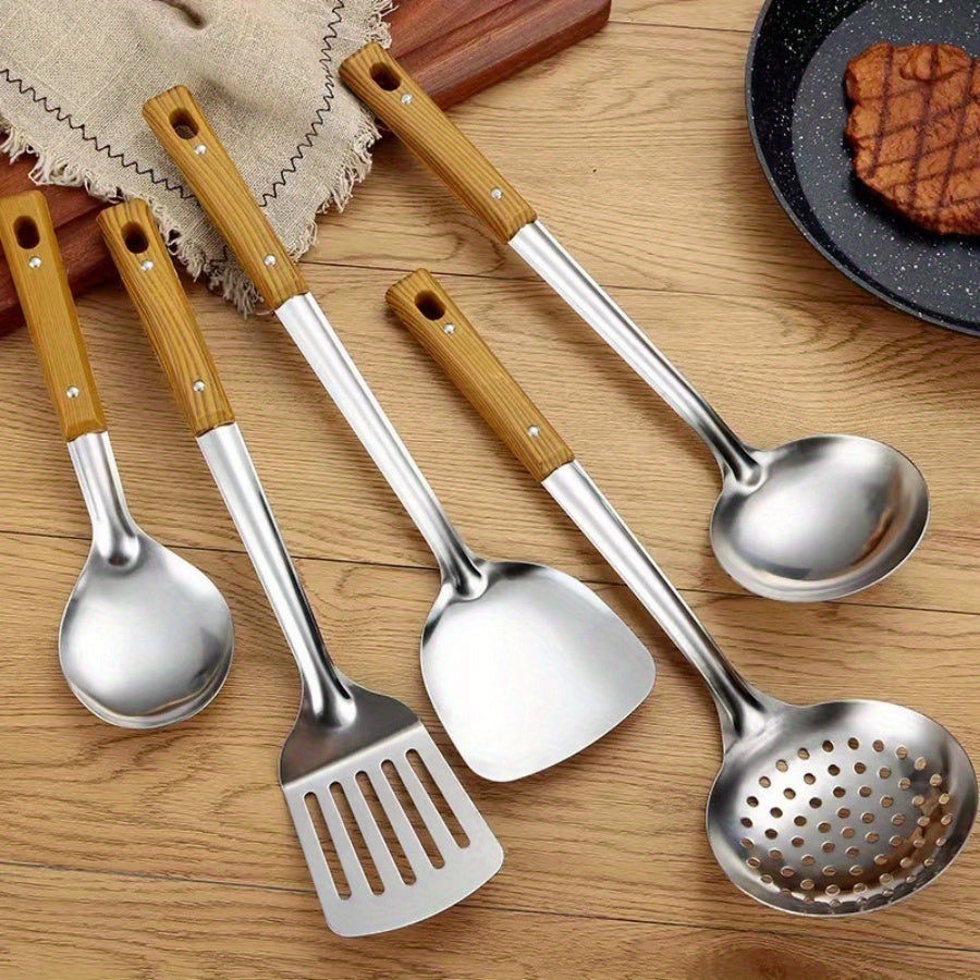 Set of 5 Kitchen Cooking Utensils with Wood Grain Handles, Made of Heat Resistant Thickened Stainless Steel. Includes Spatula, Ladle, Serving Spoon, Strainer. Non-Slip Grip, Safe for Contact with Food. Essential Supplies for the Home Kitchen.